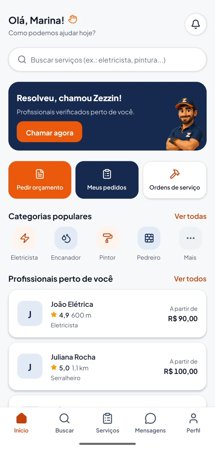 Tela inicial do app Zezzin, com busca de serviços, categorias e profissionais perto de você