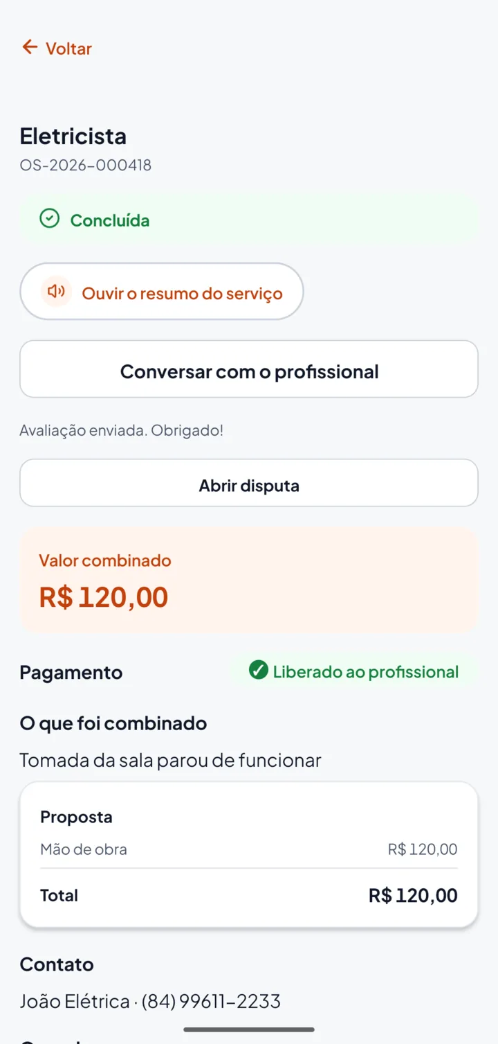 Ordem de serviço concluída no app Zezzin, com o pagamento liberado ao profissional depois da aprovação
